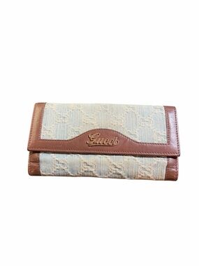 Gucci Vintage GG Monogram Denim & Brown Leather Script Logo Continental Wallet